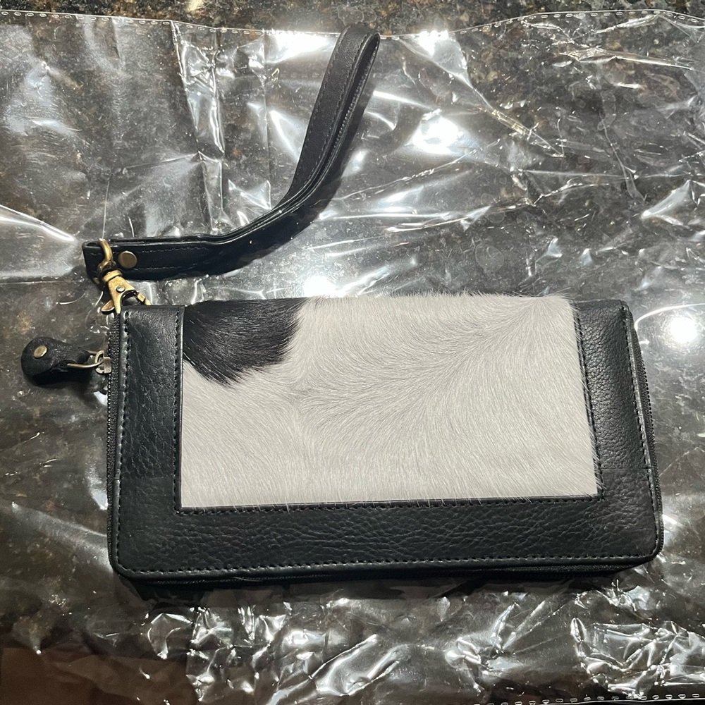 Genuine Black and White Cowhide with Black Leather Trim  Wristlet